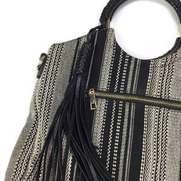 Sole Society Nordstrom Womens Tassel Black & White Handbag Tote w/ Tassel Boho - Picture 2 of 5
